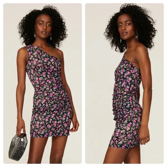 Dress the Population Marie Mini Floral One Shoulder Lace Black Pink Green S - Picture 10 of 10